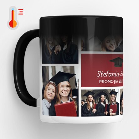 Cană termosensibilă personalizată cu 6 poze și mesaj - Absolvire