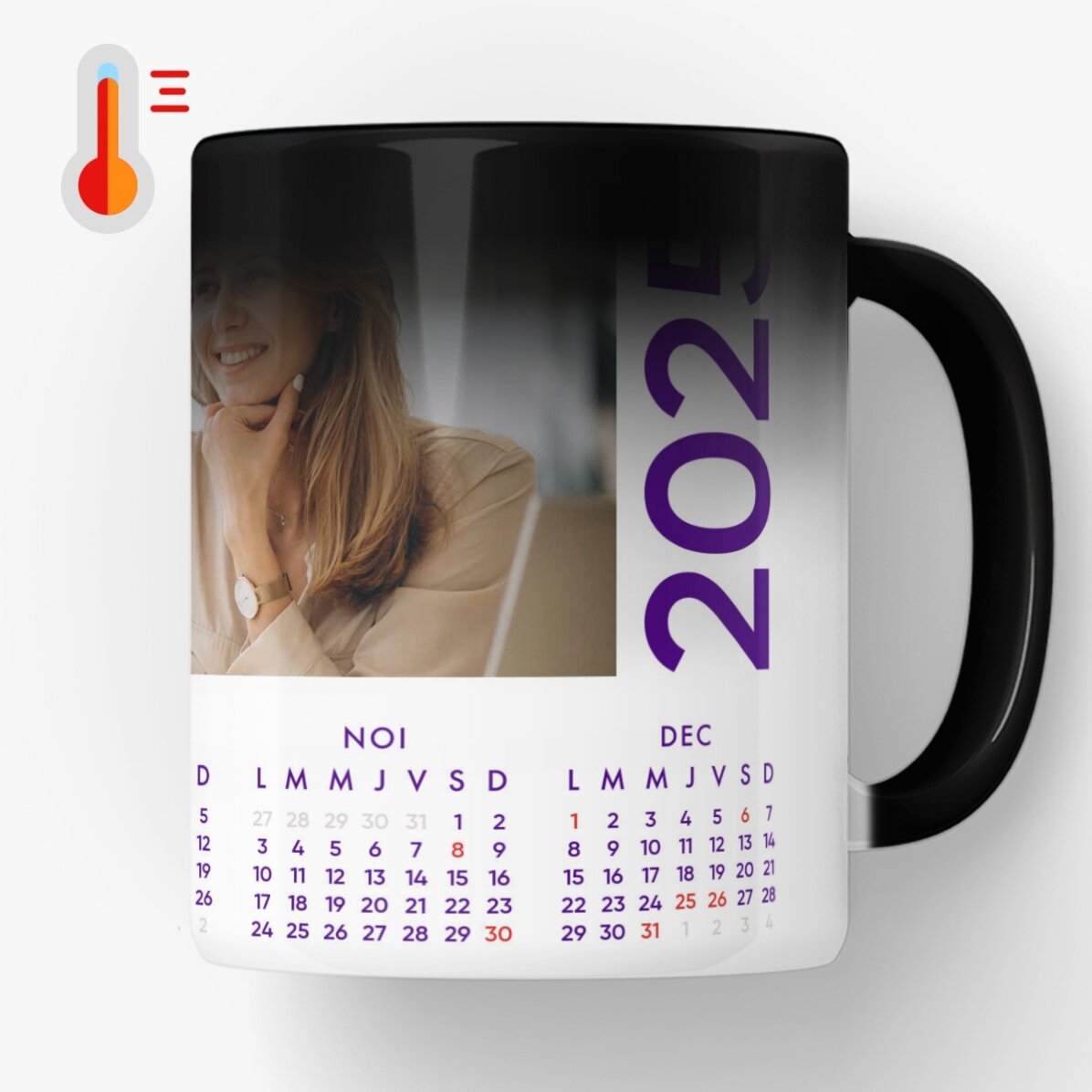 Cană termosensibilă personalizată cu calendar și o poză 