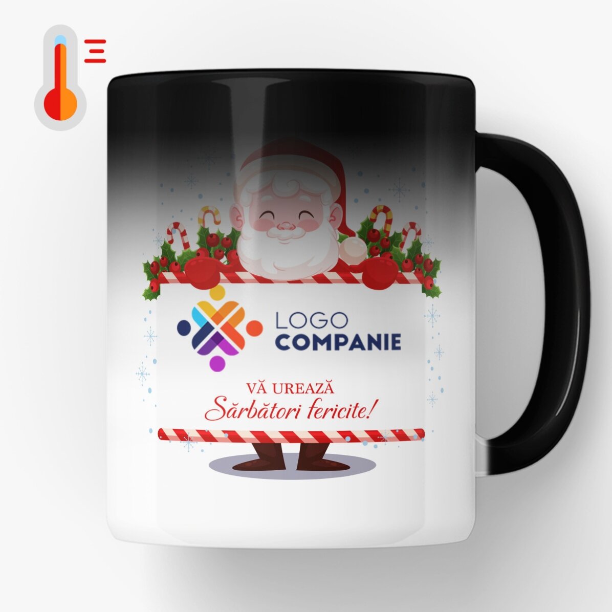 Cană termosensibilă personalizată cu logo și mesaj - Moș Crăciun