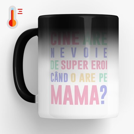 Cană termosensibilă personalizată cu mesaj - Mama, super eroină în culori pastel 