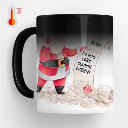 Cană termosensibilă personalizată cu mesaj și poză - Lista moșului