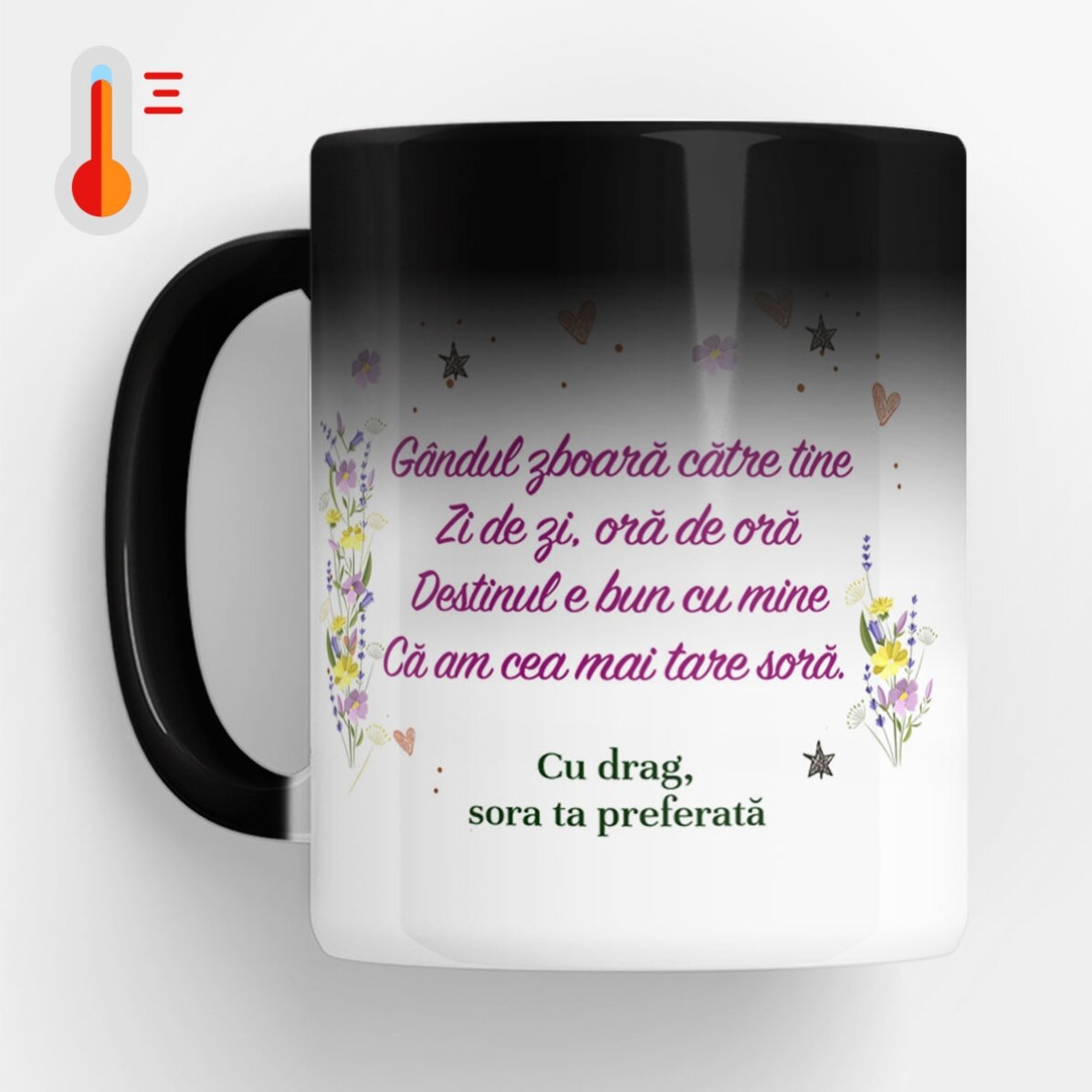 Cană termosensibilă personalizată cu mesaj și poză pentru soră x Flick