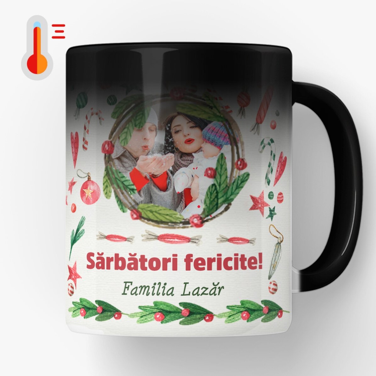 Cană termosensibilă personalizată cu o poză și text - model de Crăciun 