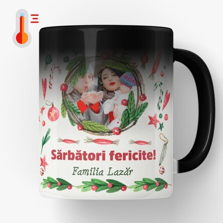 Cană termosensibilă personalizată cu o poză și text - model de Crăciun 