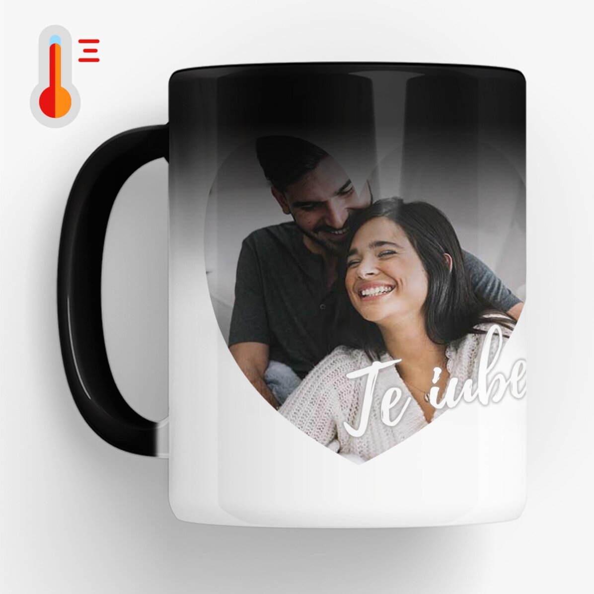 Cană termosensibilă personalizată cu poză în formă de inimă - Te iubesc! 