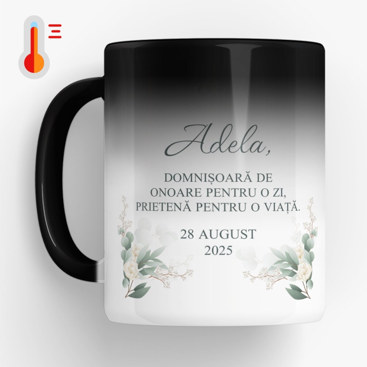 Cană termosensibilă personalizată cu text - Domnișoară de onoare 