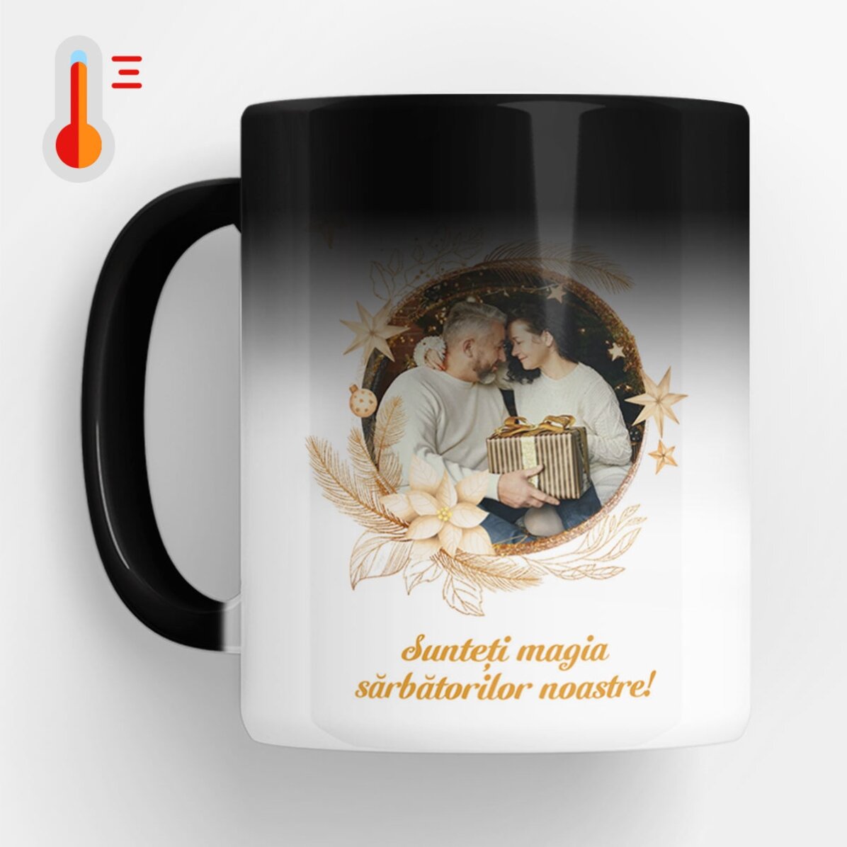 Cană termosensibilă personalizată cu text și 2 poze - Magia sărbătorilor