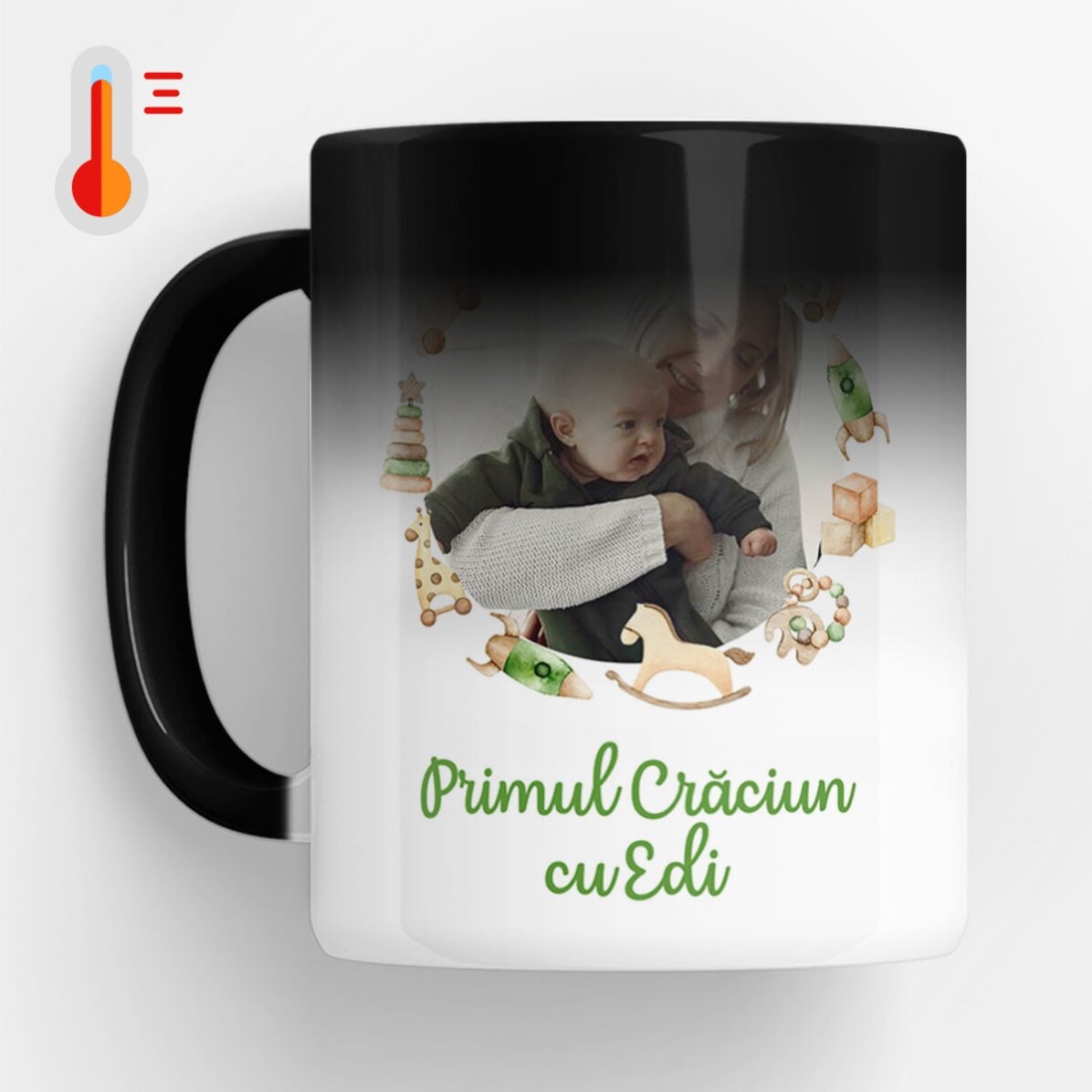 Cană termosensibilă personalizată cu text și 2 poze - Primul Crăciun