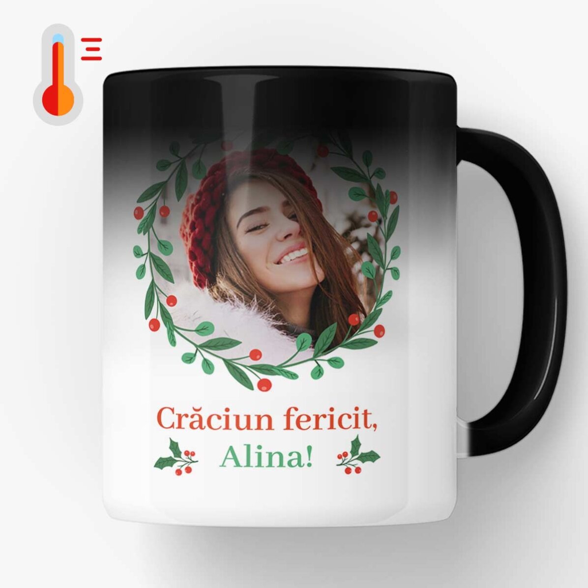 Cană termosensibilă personalizată cu text și poză - Crăciun fericit!