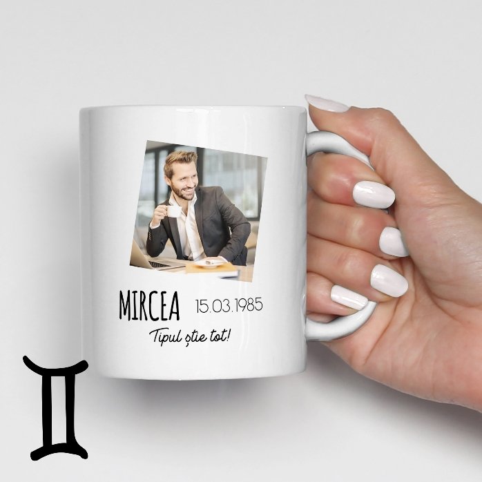 Cană zodiac personalizată cu poză și text - Gemeni