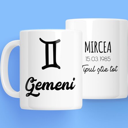 Cană zodiac personalizată cu text - Gemeni