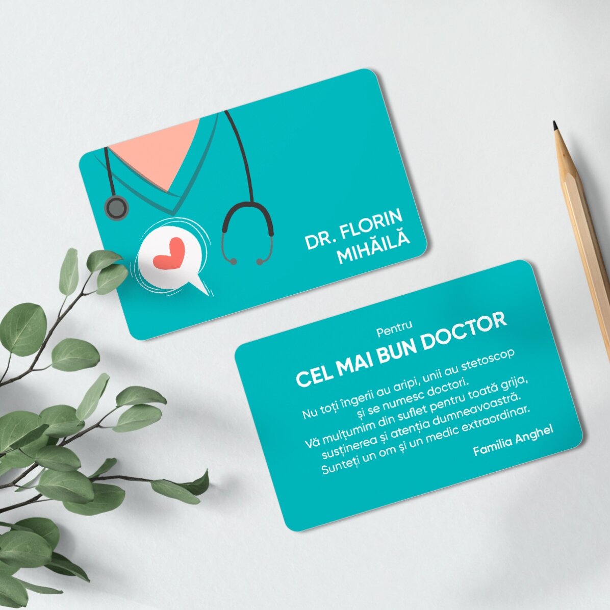 Card aluminiu personalizat față-verso cu mesaj pentru doctor/ asistent medical