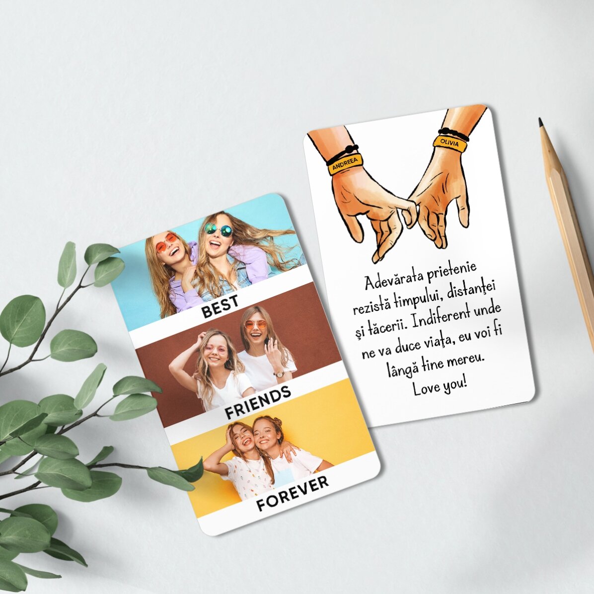 Card aluminiu personalizat față-verso cu mesaj și 3 poze - Friends