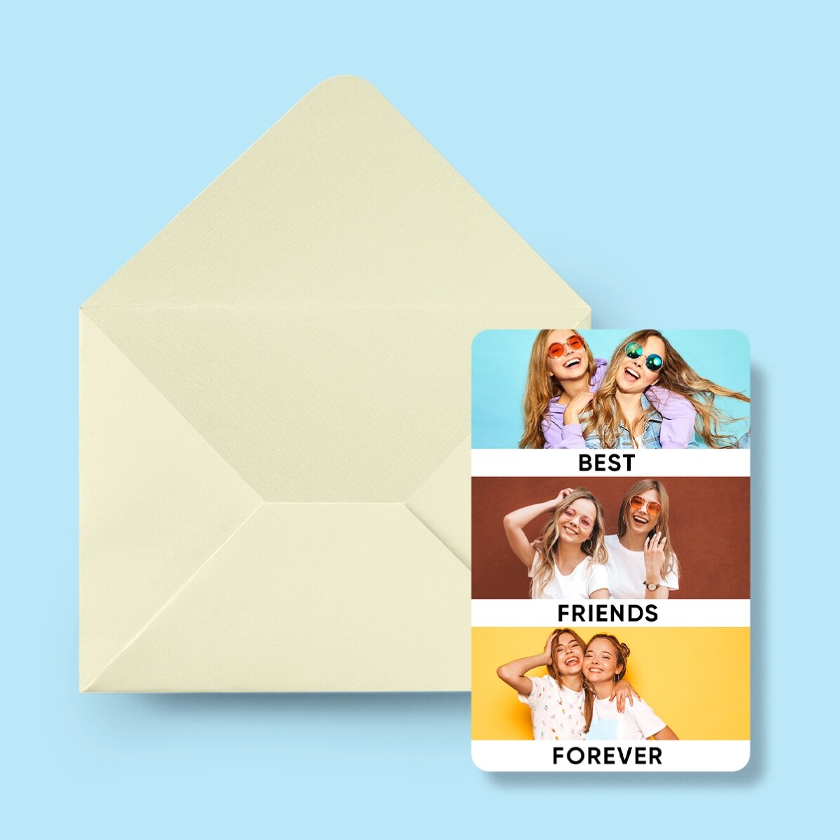 Card aluminiu personalizat față-verso cu mesaj și 3 poze - Friends