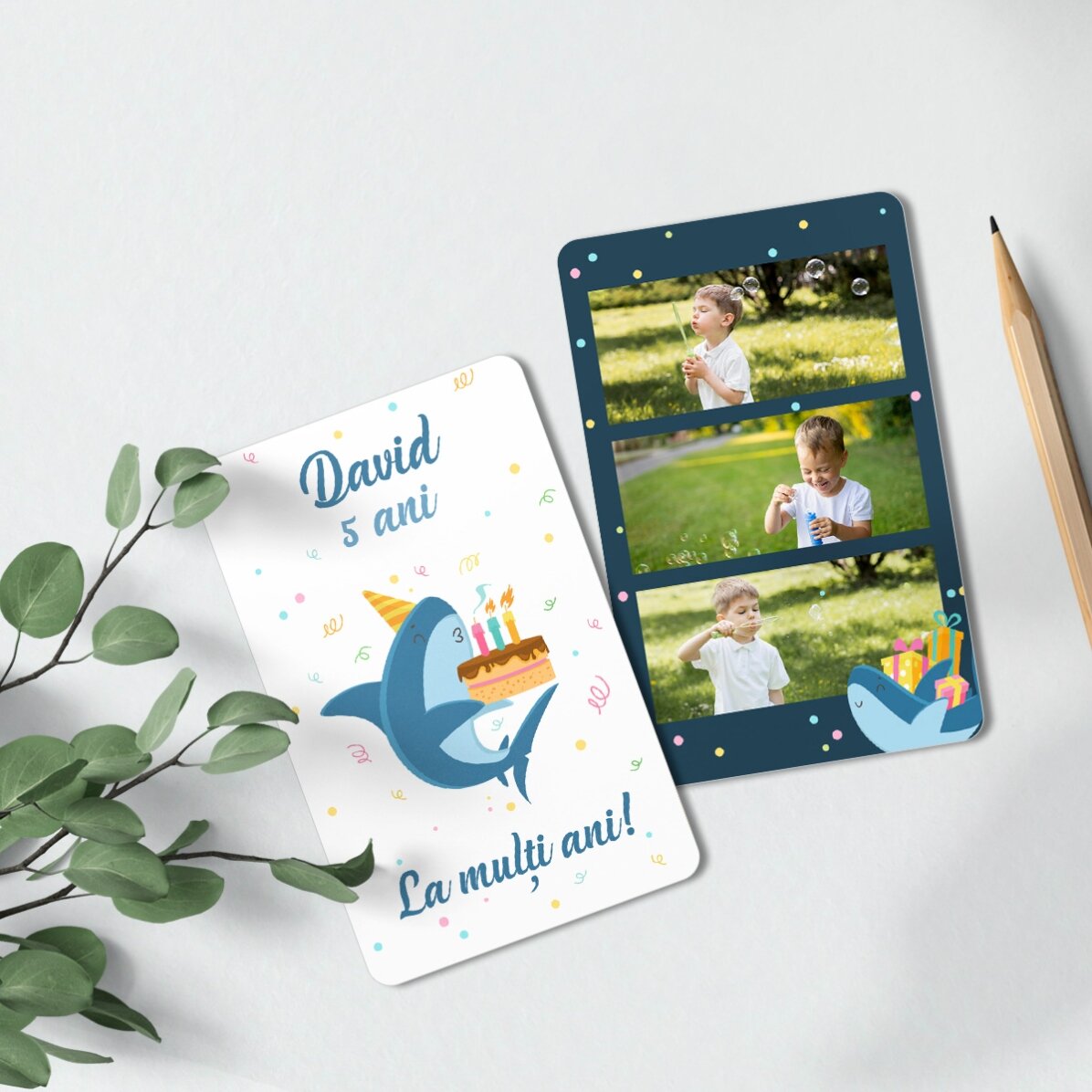 Card aluminiu personalizat față-verso cu mesaj și 3 poze - Shark
