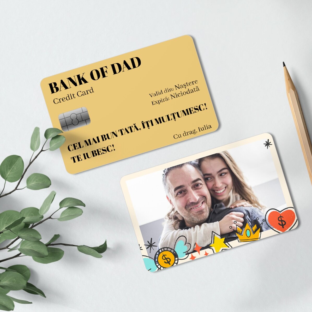 Card aluminiu personalizat față-verso cu mesaj și o fotografie - Bank