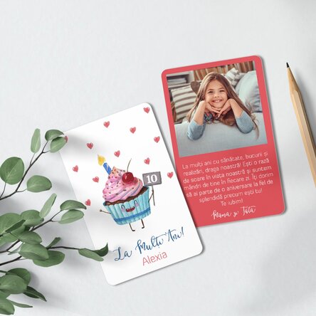 Card aluminiu personalizat față-verso cu mesaj și o fotografie - Cupcake