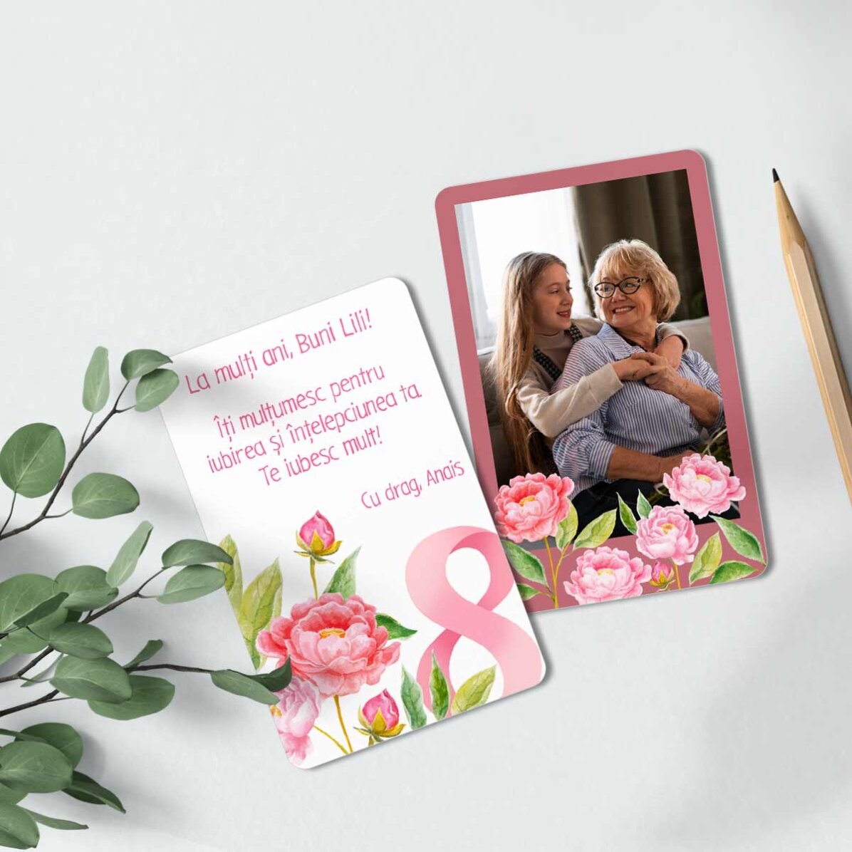 Card aluminiu personalizat față-verso cu mesaj și o poză - Flori