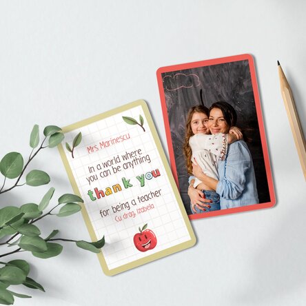 Card aluminiu personalizat față-verso cu mesaj și o poză - thank you