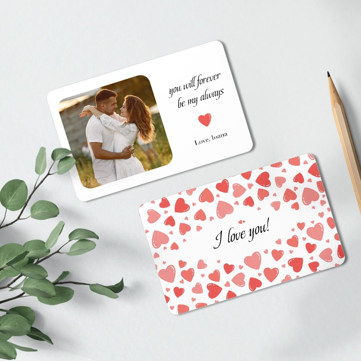 Card aluminiu personalizat față-verso cu o poză și text - Hearts