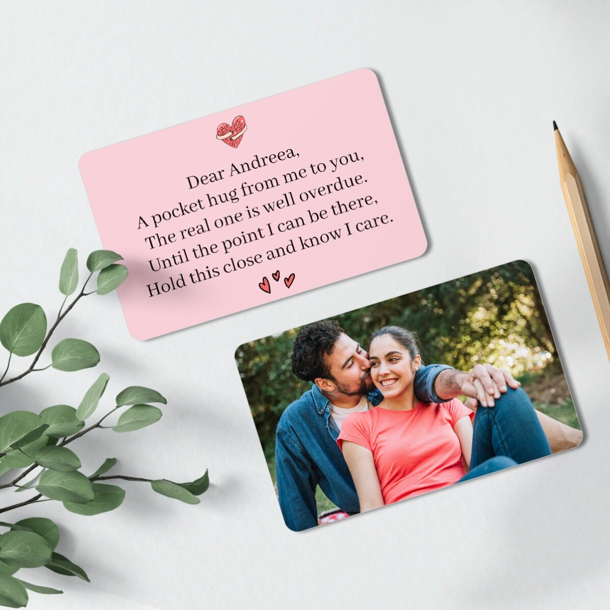 Card aluminiu personalizat față-verso cu o poză și text