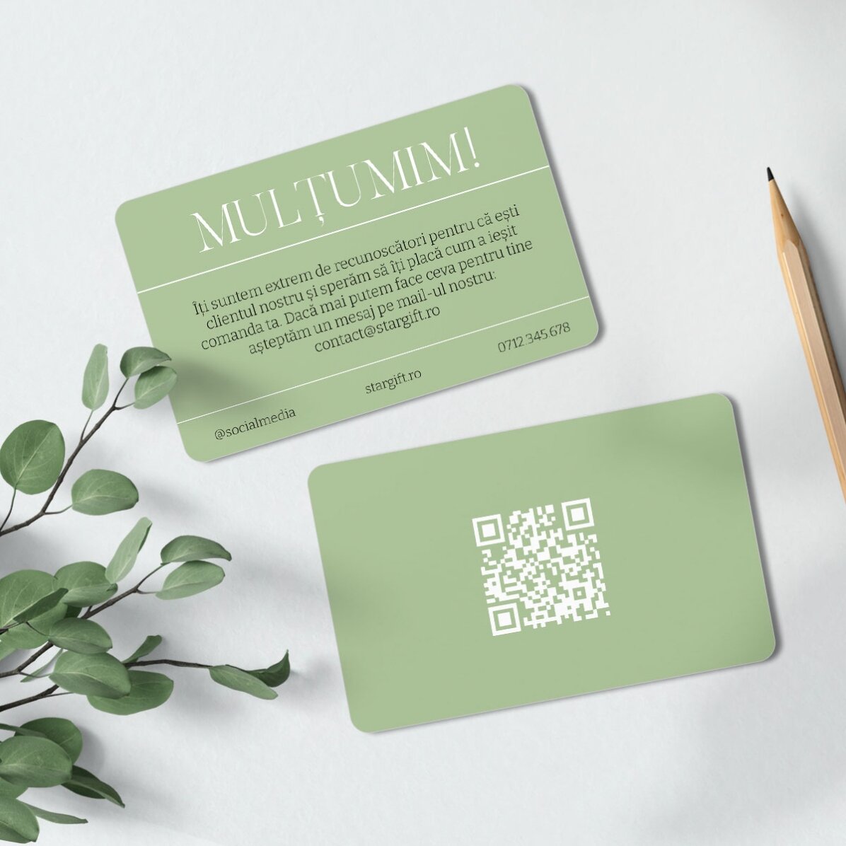 Card aluminiu personalizat față-verso cu text și cod QR - Thank you card