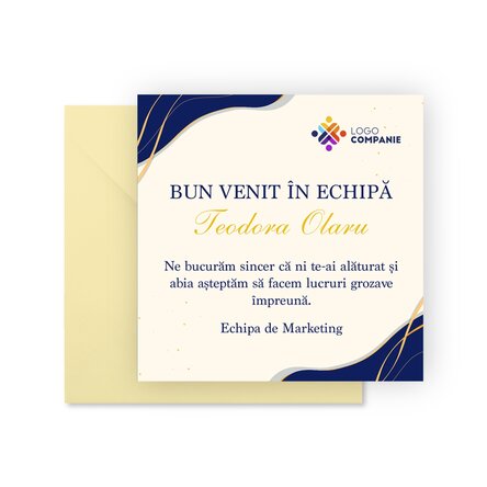 Card pătrat personalizat cu logo și mesaj - Bun venit