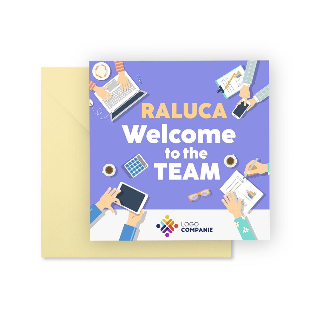 Card pătrat personalizat cu logo și mesaj - Welcome to the team
