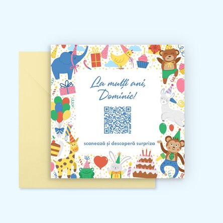Card pătrat personalizat cu text și cod QR - Kids