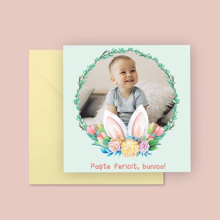Card pătrat personalizat cu text și o poză - Paște fericit!