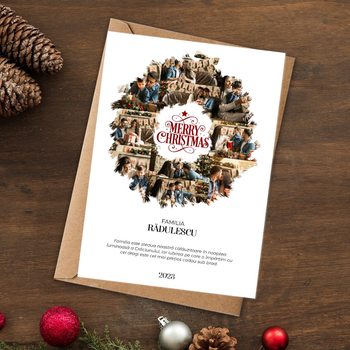 Card personalizat cu 10 poze și text - Christmas Wreath