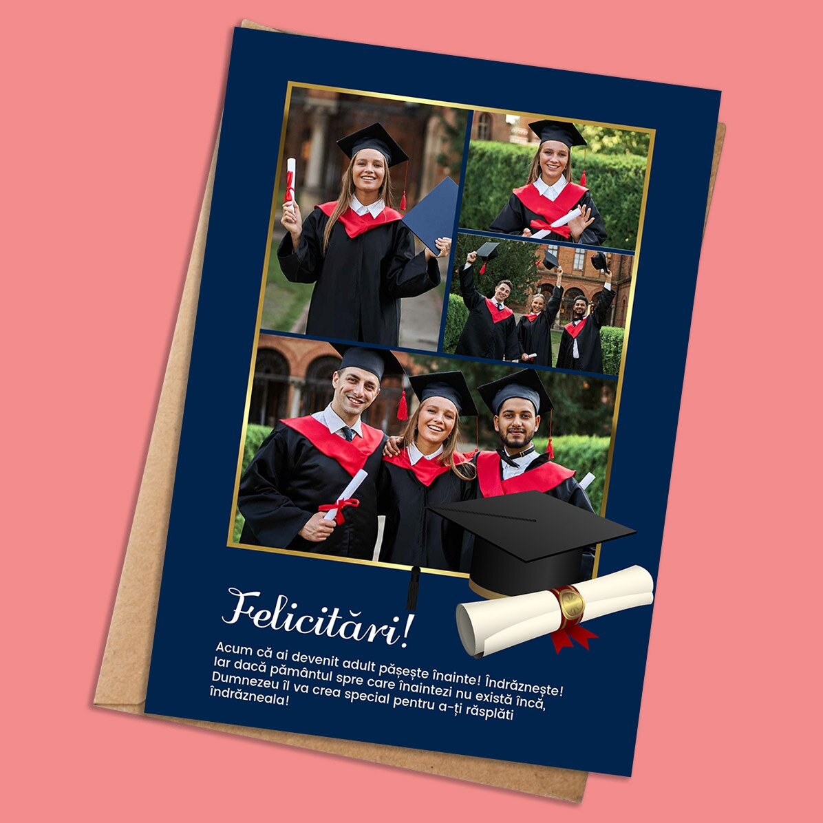 Card personalizat cu 4 poze și text pentru absolvire 