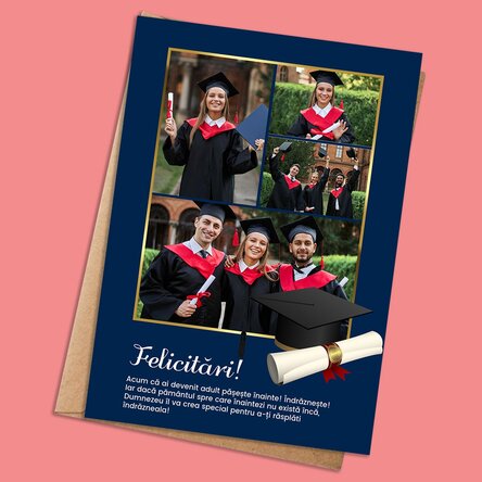 Card personalizat cu 4 poze și text pentru absolvire 