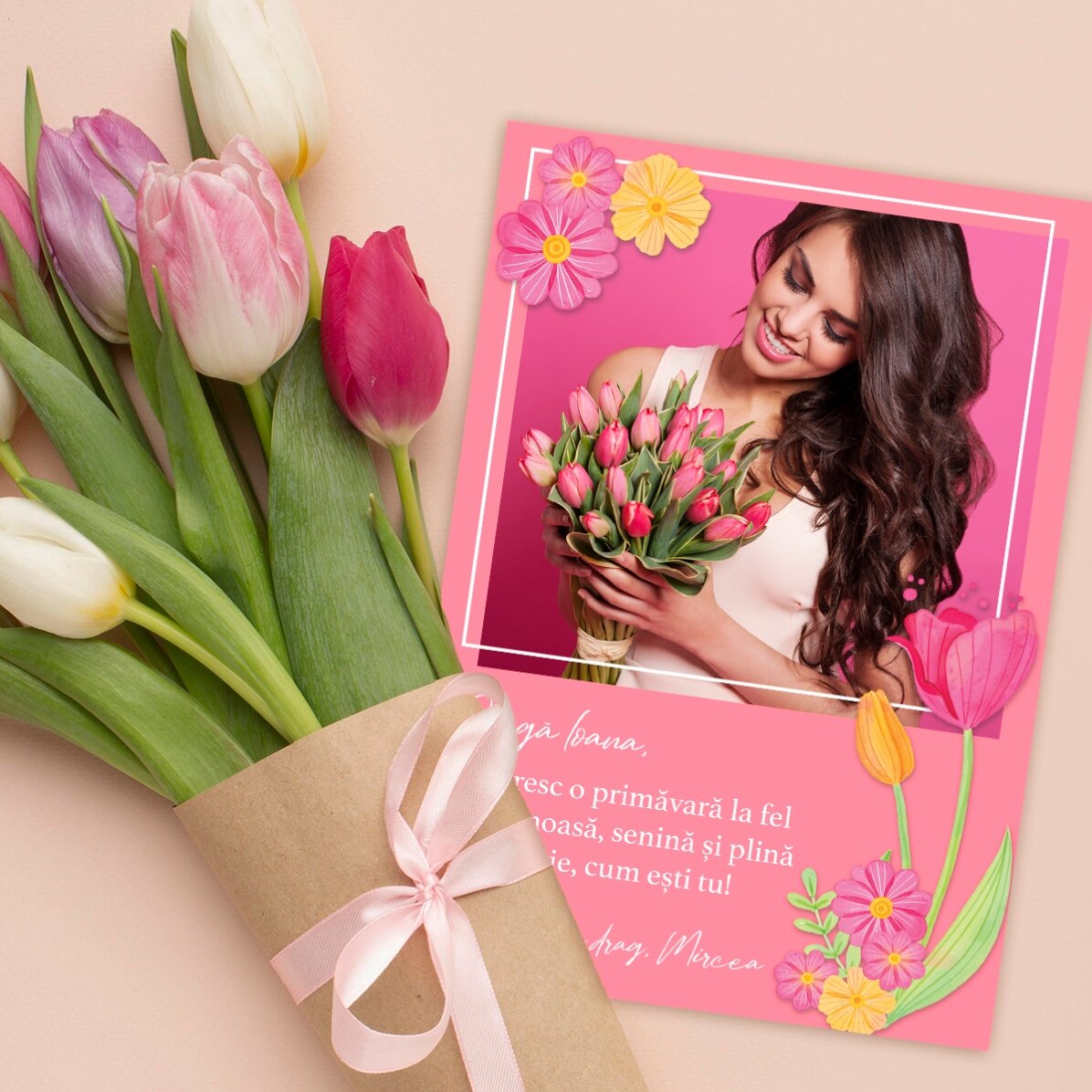 Card personalizat cu o poză și text - Primăvara