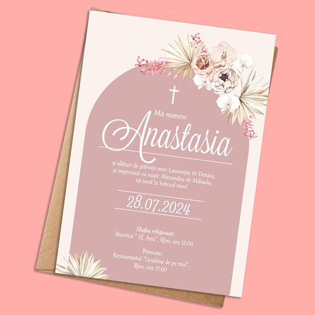 Card personalizat cu text - Invitatie pentru botez - Pink Elegance