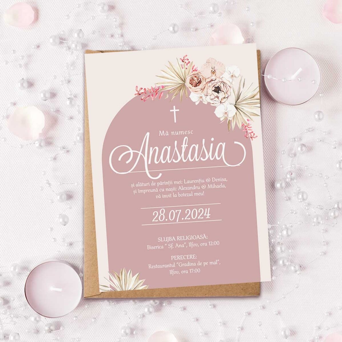 Card personalizat cu text - Invitatie pentru botez - Pink Elegance