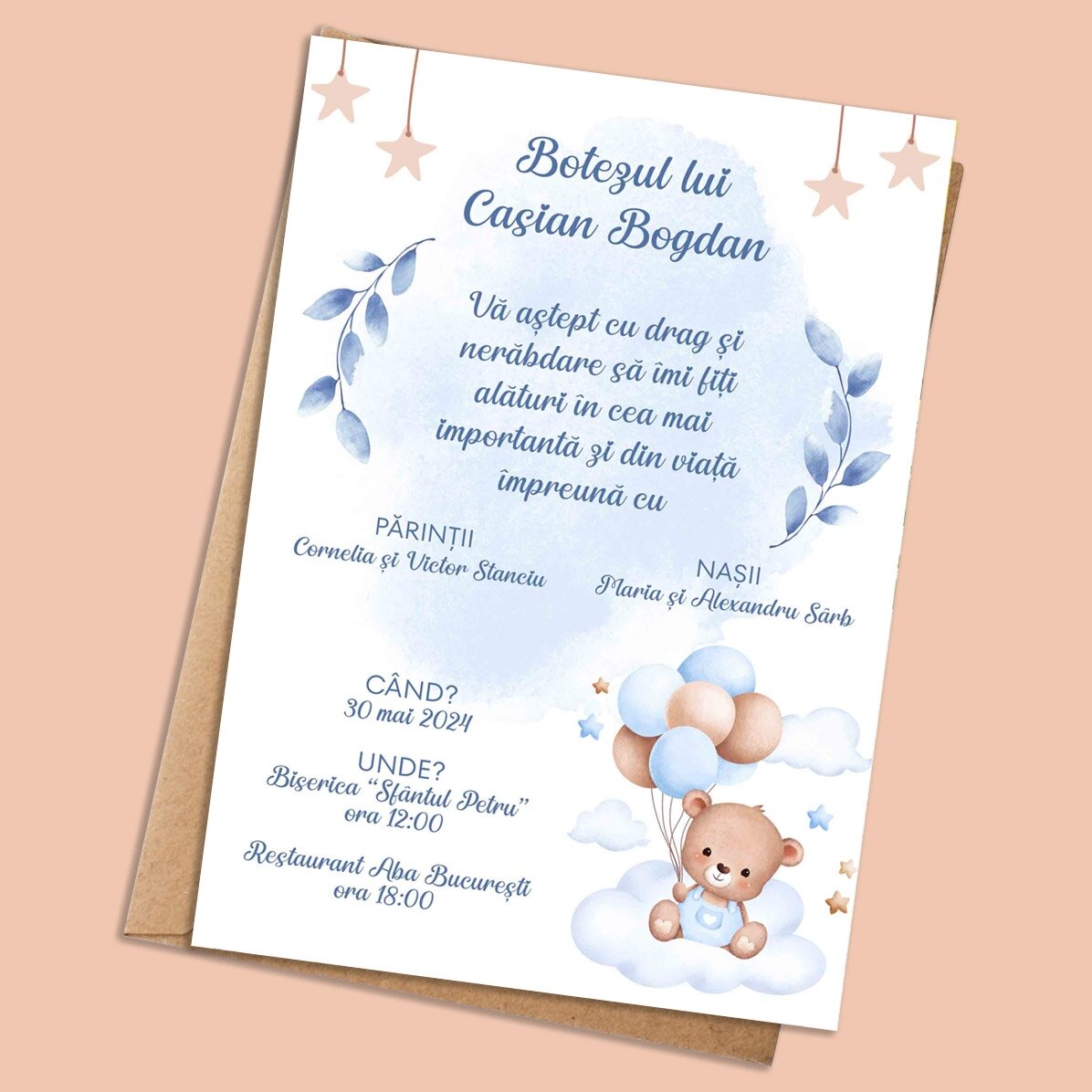 Card personalizat cu text - invitație pentru botez - Ursuleț