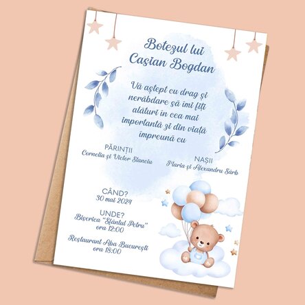 Card personalizat cu text - invitație pentru botez - Ursuleț