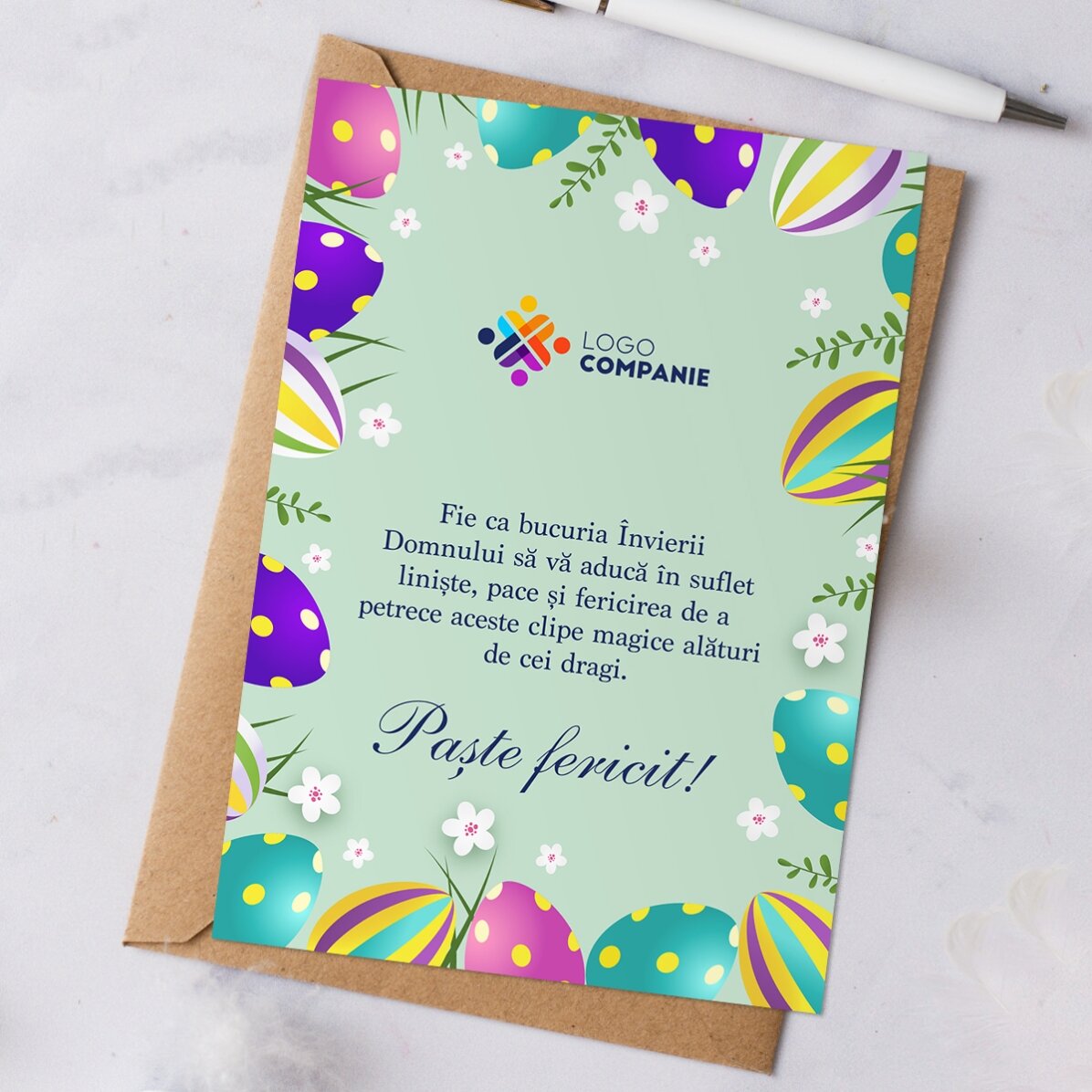 Card personalizat cu text și logo - Paște fericit