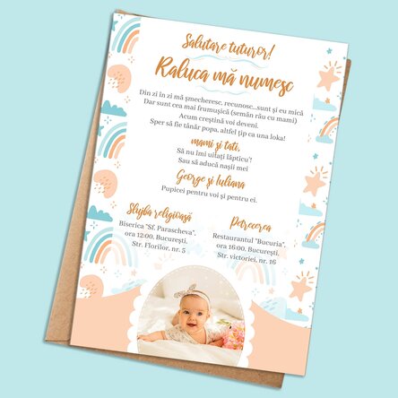 Card personalizat cu text și poză - invitație pentru botez - Curcubeu