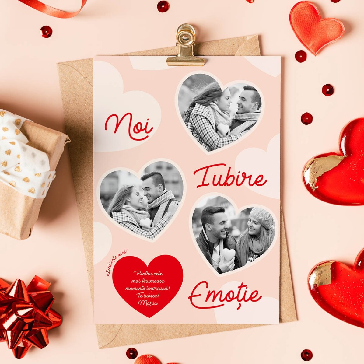 Card răzuibil personalizat cu 3 poze și text - Emoție și iubire