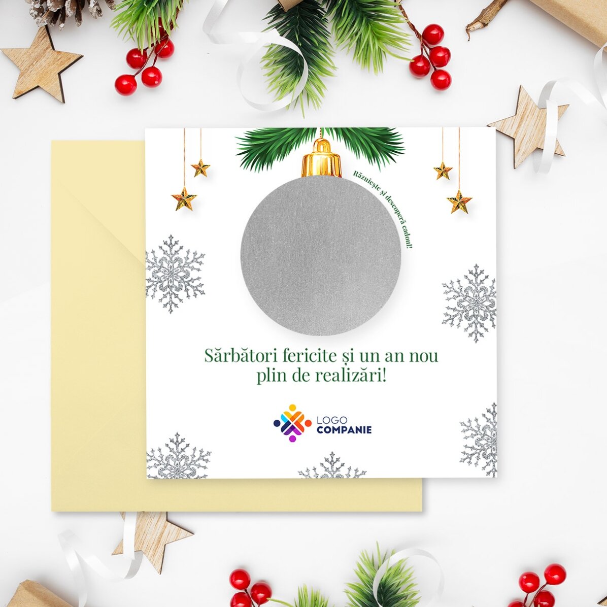 Card răzuibil personalizat cu logo și mesaj - Surpriză de Crăciun