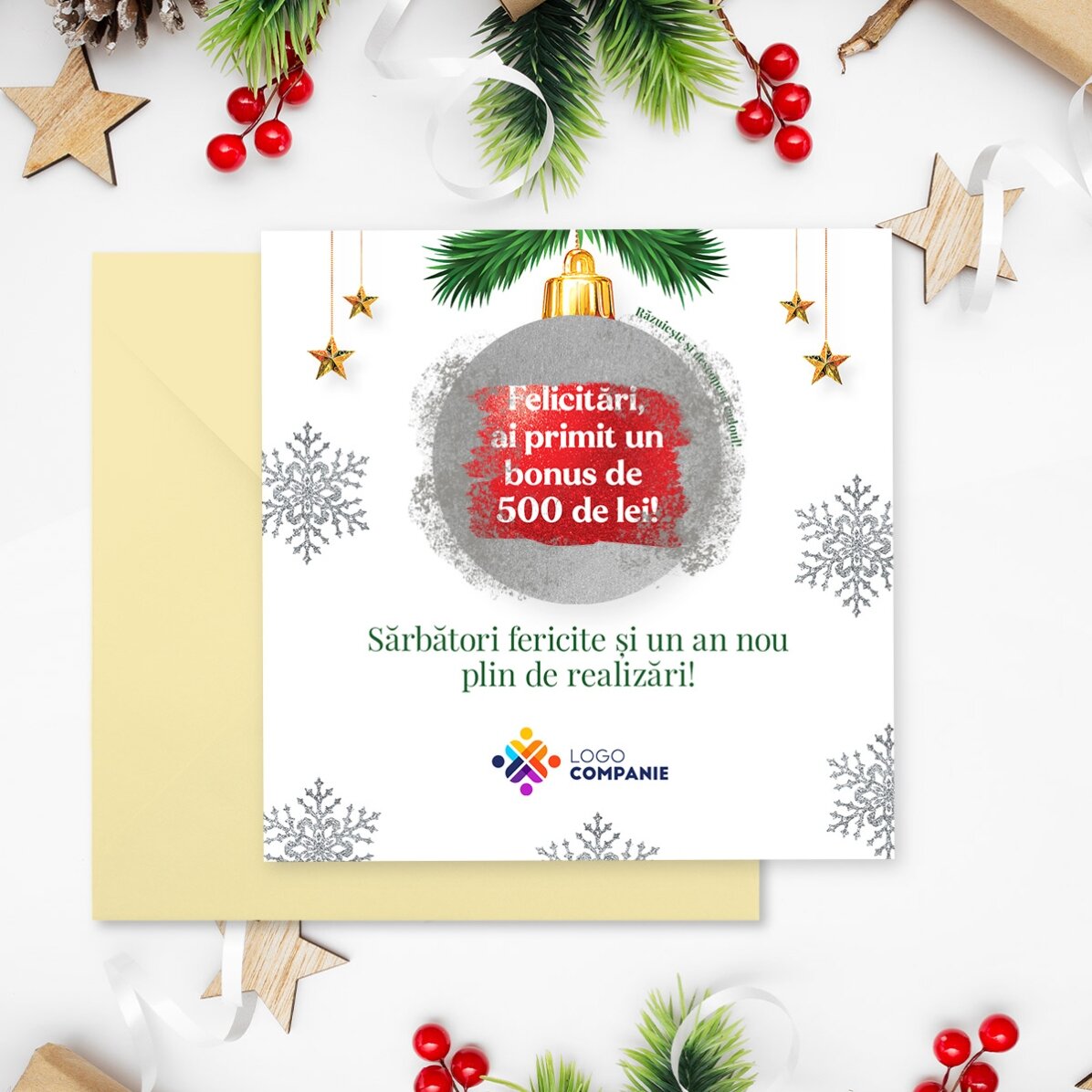 Card răzuibil personalizat cu logo și mesaj - Surpriză de Crăciun