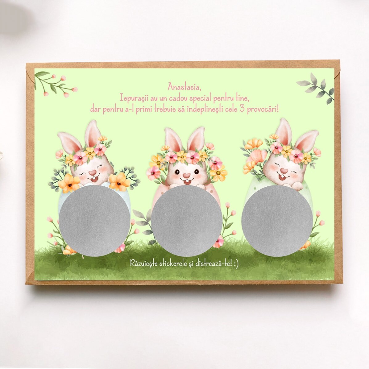 Card răzuibil personalizat cu mesaj de Paște - Provocările iepurașului