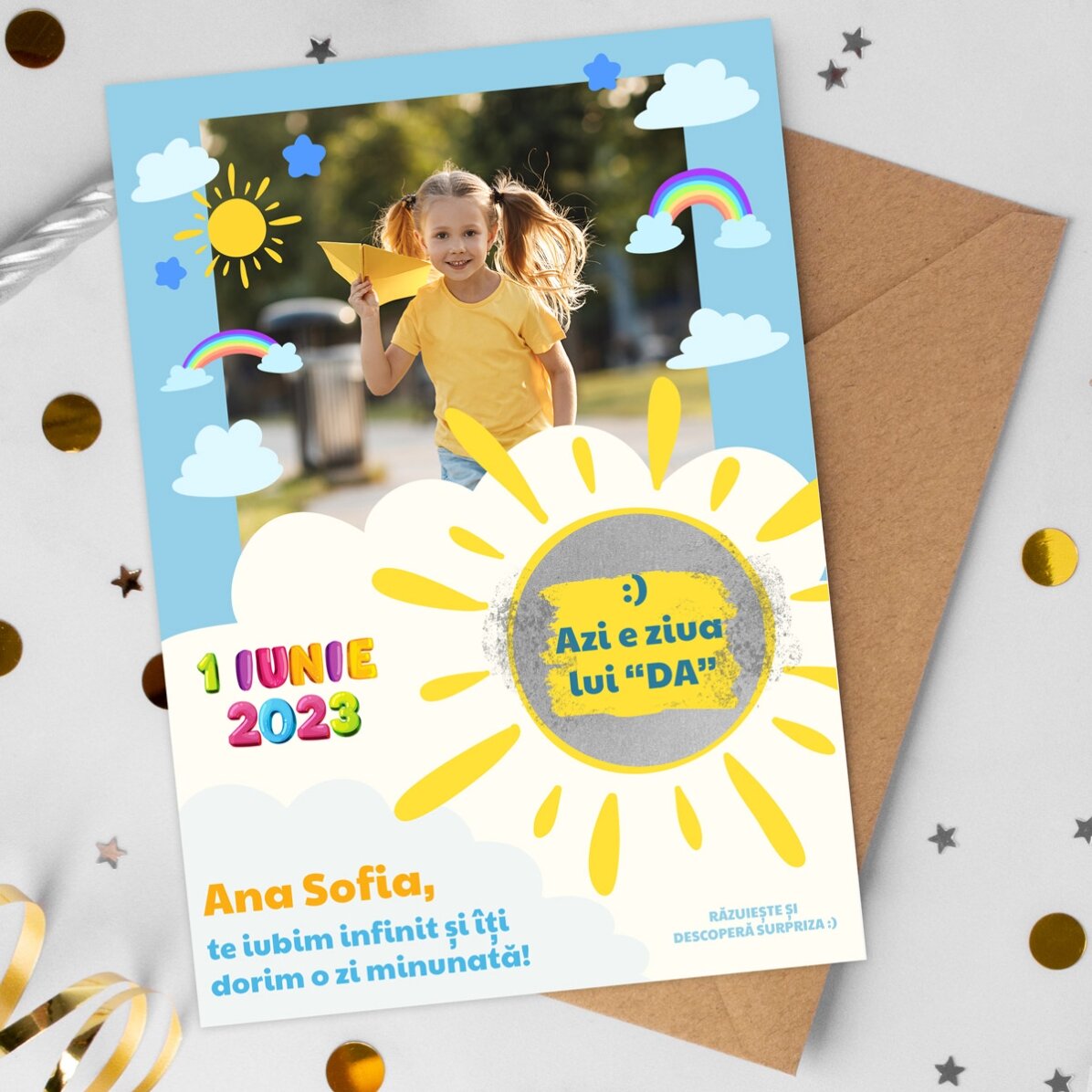 Card răzuibil personalizat cu poză și mesaj pentru copii de 1 iunie