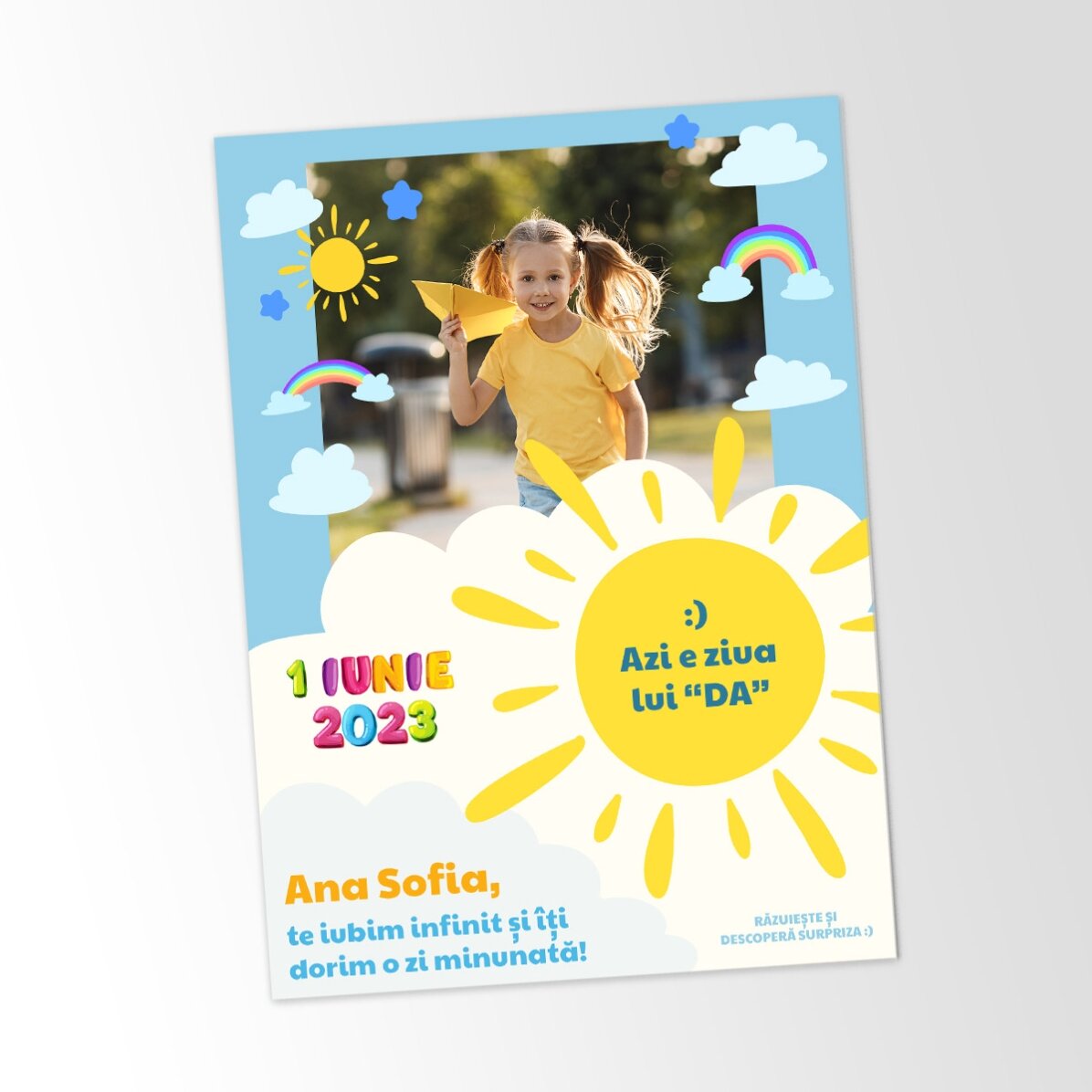Card răzuibil personalizat cu poză și mesaj pentru copii de 1 iunie