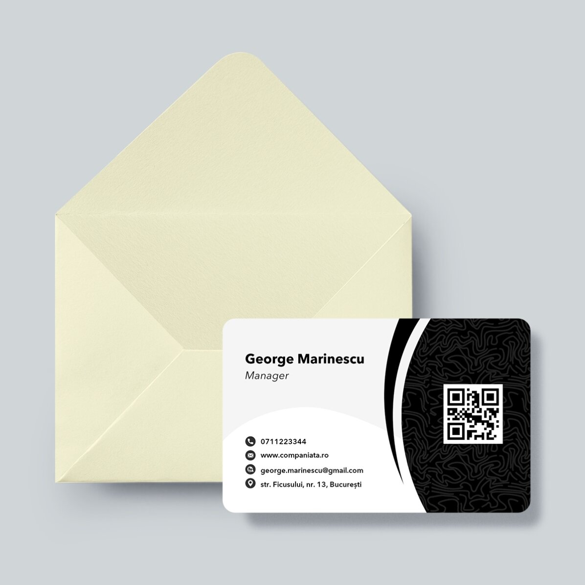 Carte de vizită aluminiu personalizată față-verso cu coduri QR - Black