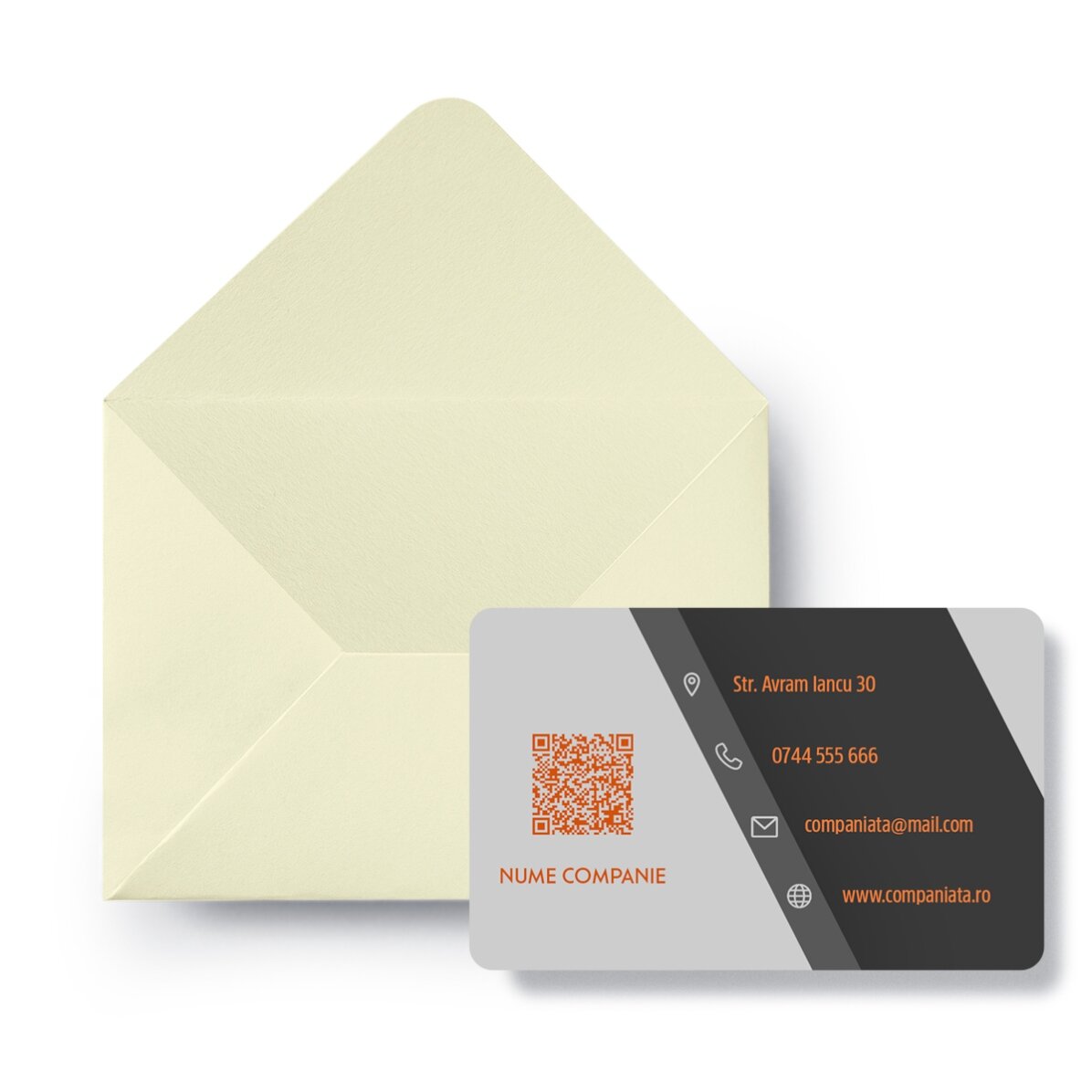Carte de vizită aluminiu personalizată față-verso cu logo, cod QR și text