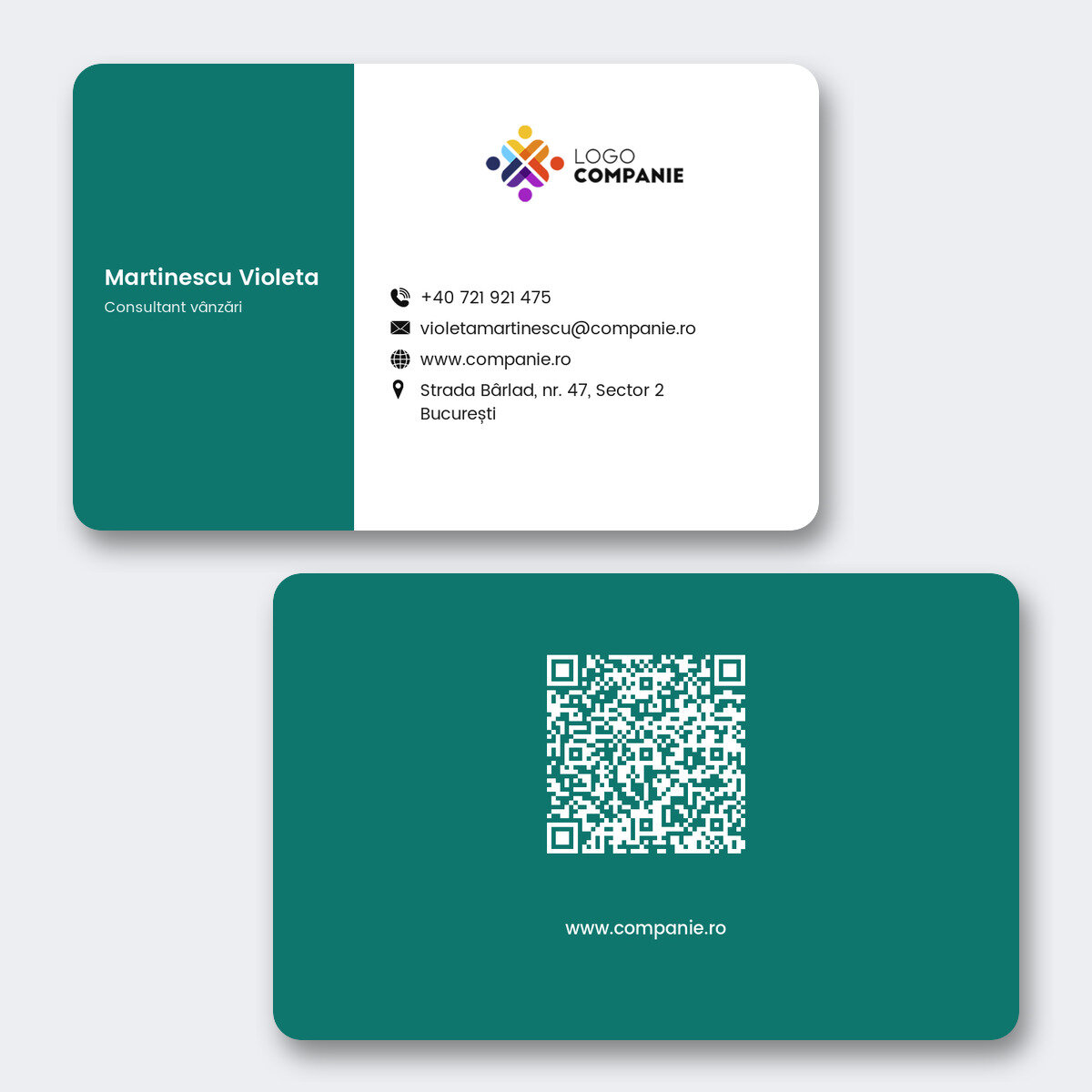 Персонализирана визитна картичка от алуминий, дизайн с цветна лента, лого и QR код