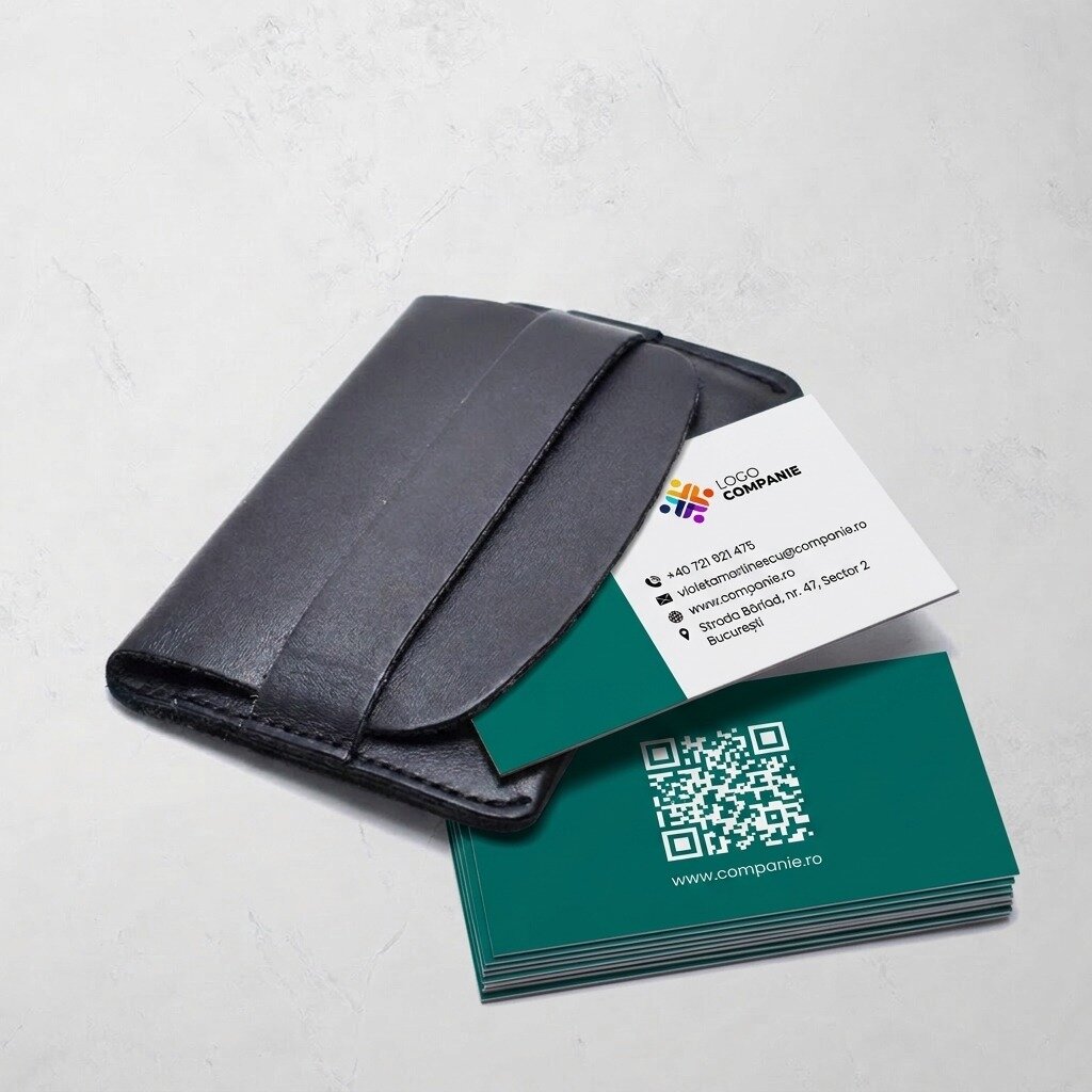 Персонализирани визитни картички на хартия, дизайн с цветна лента, лого и QR код
